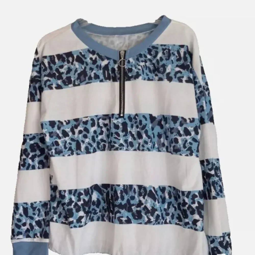 Long Sleeve T-shirt  Sz L  NEW Crew Neck Casual Blouse 1/4 zip blue/white Women - Picture 8 of 13